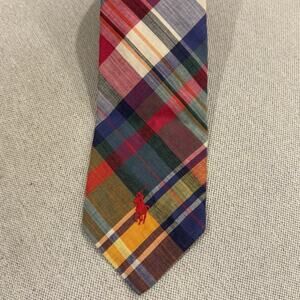 Vintage Polo Ralph Lauren Tie Pony Logo Multicolor Tartan Plaid Made in USA